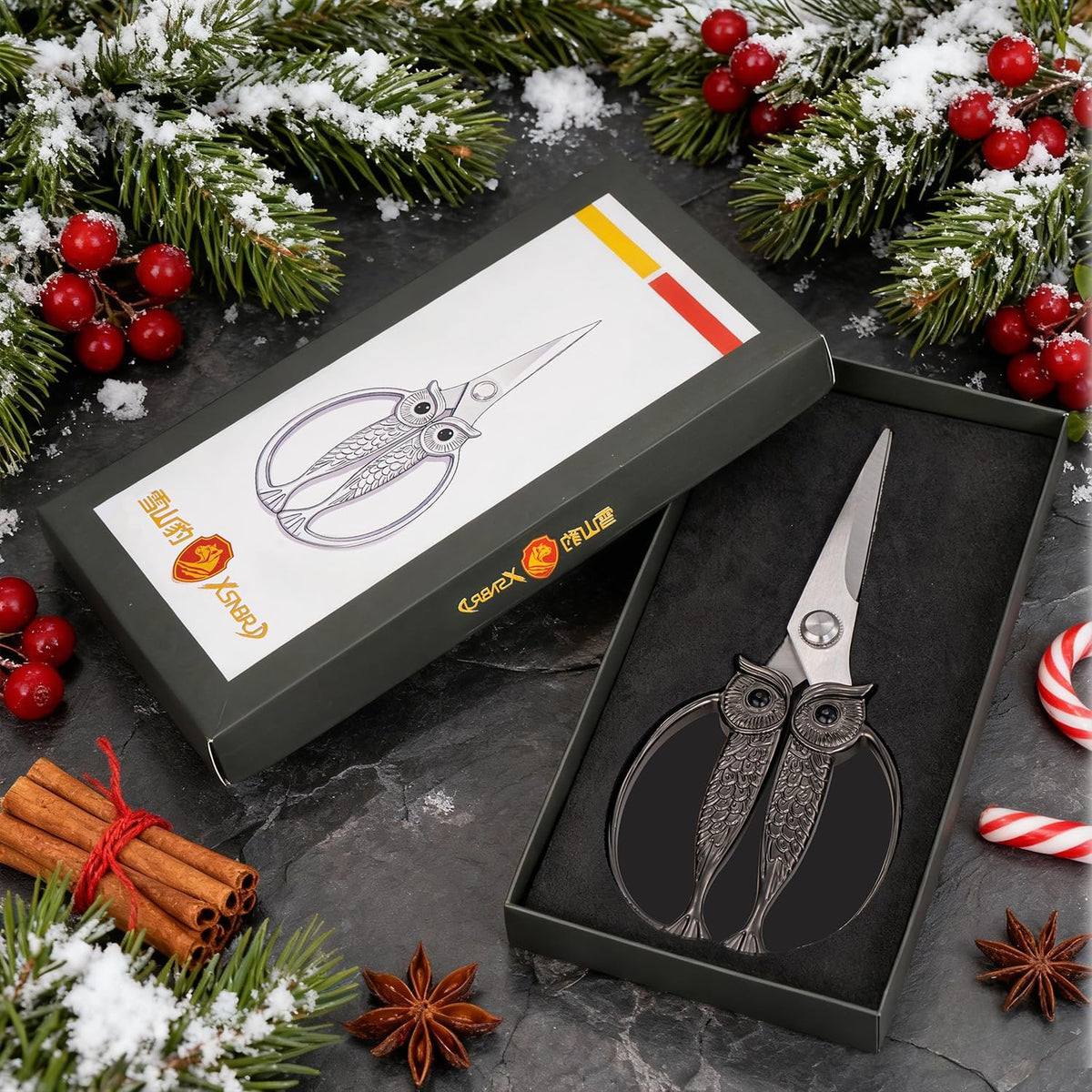 Owl Kitchen Scissors All Purpose, Stainless Steel Heavy Duty Sharp Shears for Meat, Chicken, Fish, Poultry, Herb, Bread (Gun-black, Large)