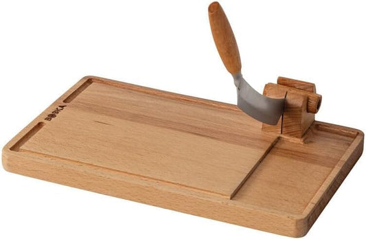 Cheese Cutter Lumberjack Amigo - Serving Board with Cheese Knife - Beechwood and Stainless Steel - for Cheese and Sausage - Safe Cutting - with Crumb Catcher - 9 Inches