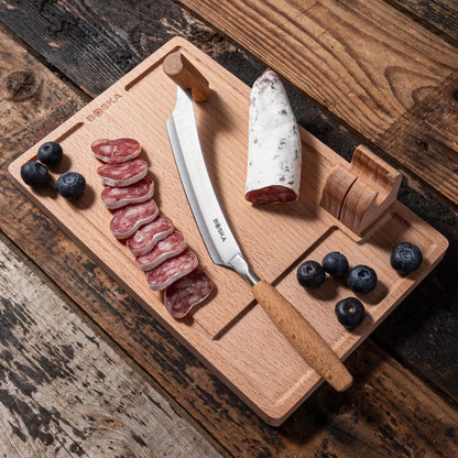 Cheese Cutter Lumberjack Amigo - Serving Board with Cheese Knife - Beechwood and Stainless Steel - for Cheese and Sausage - Safe Cutting - with Crumb Catcher - 9 Inches