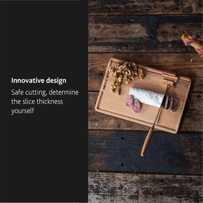 Cheese Cutter Lumberjack Amigo - Serving Board with Cheese Knife - Beechwood and Stainless Steel - for Cheese and Sausage - Safe Cutting - with Crumb Catcher - 9 Inches