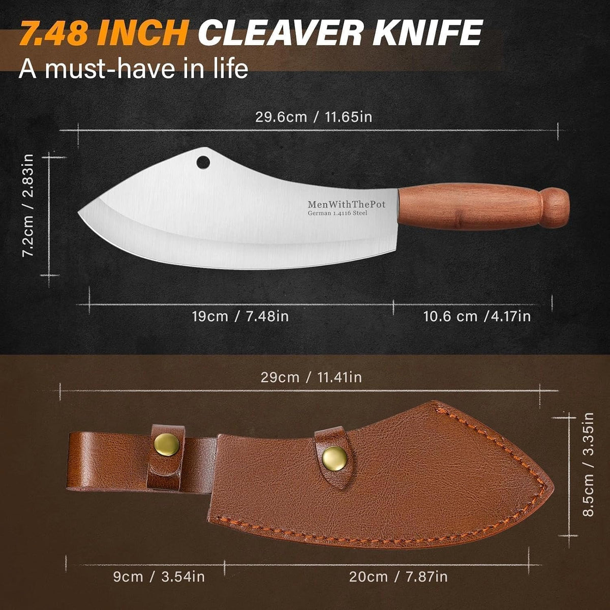 Meat Cleaver Knife, Hand Forged Ultra Sharp Stainless Steel Butcher Knife with Sheath, Multipurpose Chef Knife for Kitchen Outdoor Cooking Camping BBQ, Gift for Man Women