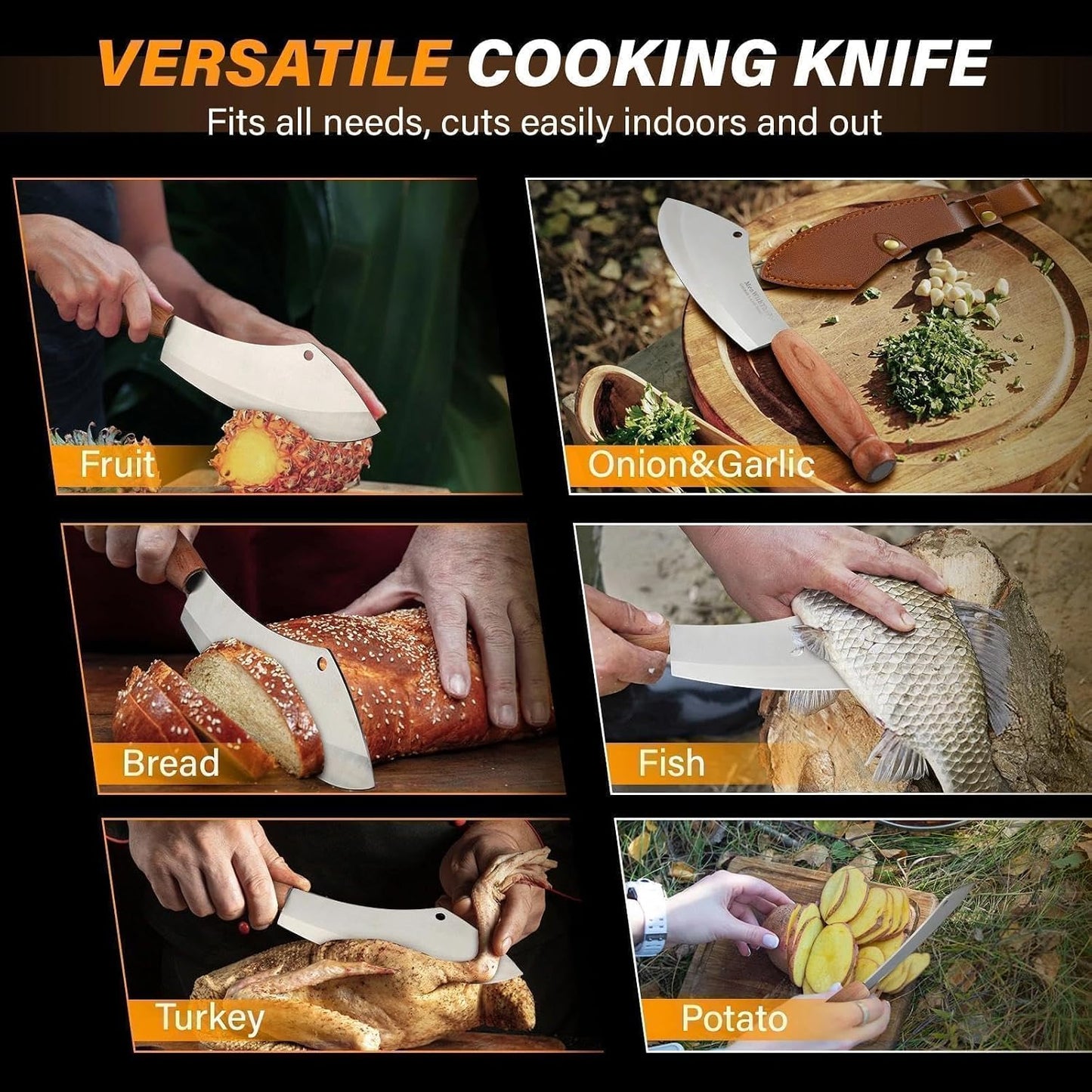 Meat Cleaver Knife, Hand Forged Ultra Sharp Stainless Steel Butcher Knife with Sheath, Multipurpose Chef Knife for Kitchen Outdoor Cooking Camping BBQ, Gift for Man Women