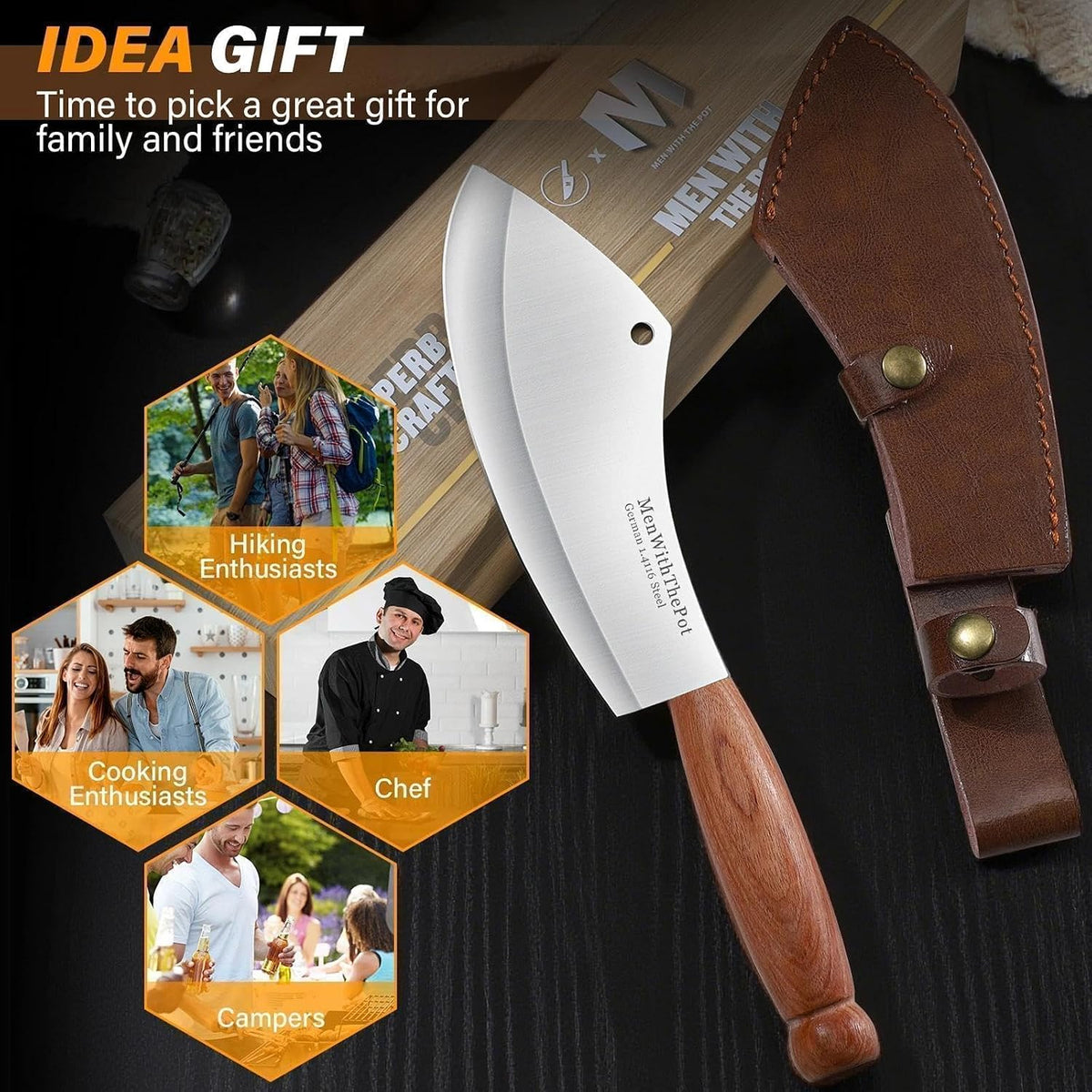 Meat Cleaver Knife, Hand Forged Ultra Sharp Stainless Steel Butcher Knife with Sheath, Multipurpose Chef Knife for Kitchen Outdoor Cooking Camping BBQ, Gift for Man Women