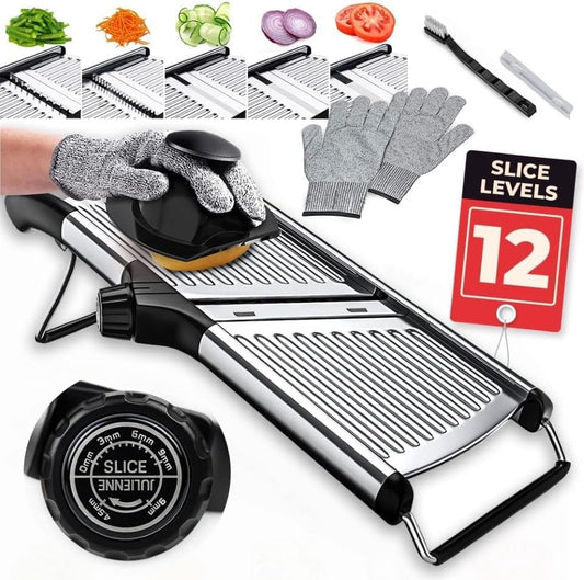 Gramercy Adjustable Mandoline Food Slicer, Mandoline Slicer for Kitchen, Mandolin, Potato, Tomato, Carrot, Vegetable, Fruit and Onion Cutter, Stainless Steel, INCLUDING Cut-Resistant Gloves, Black PRO