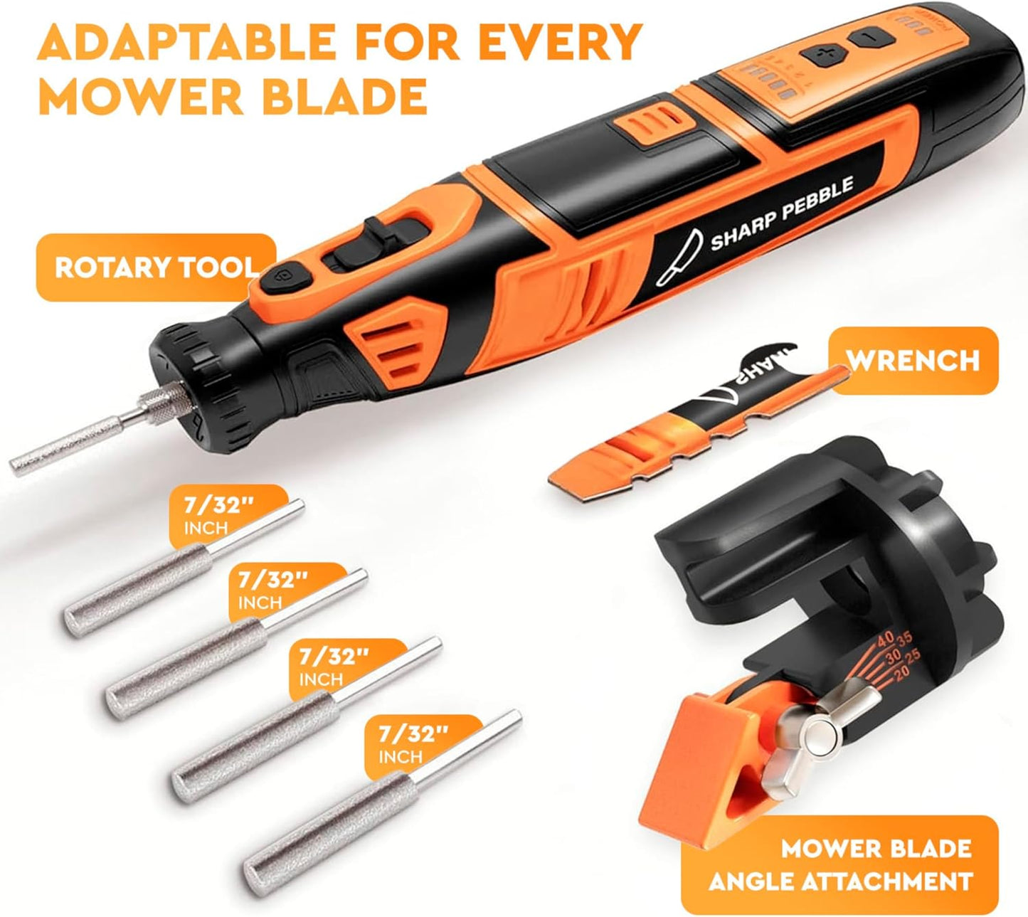 Cordless Lawn Mower Blade Sharpener – Adjustable 20°- 40° Angle Guide-Rotary Tool with Replaceable Sharpening Wheel Bits & Fast Rechargeable Battery – Effortless Precision for Lawn Care