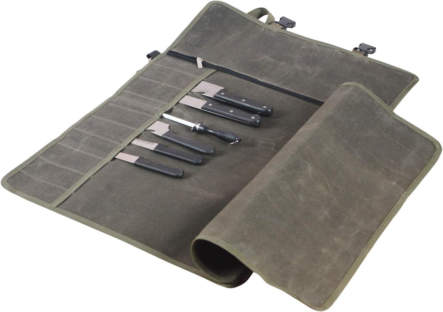 Waterproof Waxed Canvas Chef’s Knife Roll Bag With 11 Slots for Kitchen Knife Tools Up To 18.8”/Portable Chef Knife Cases(Army Green)