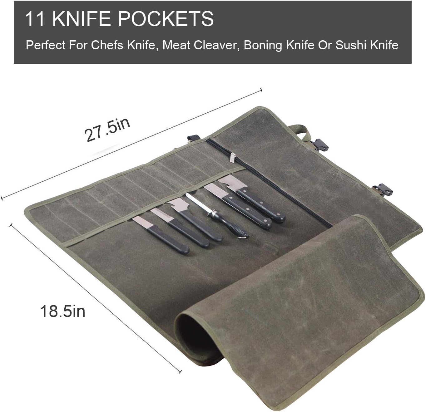 Waterproof Waxed Canvas Chef’s Knife Roll Bag With 11 Slots for Kitchen Knife Tools Up To 18.8”/Portable Chef Knife Cases(Army Green)