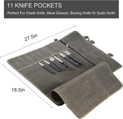 Waterproof Waxed Canvas Chef’s Knife Roll Bag With 11 Slots for Kitchen Knife Tools Up To 18.8”/Portable Chef Knife Cases(Army Green)