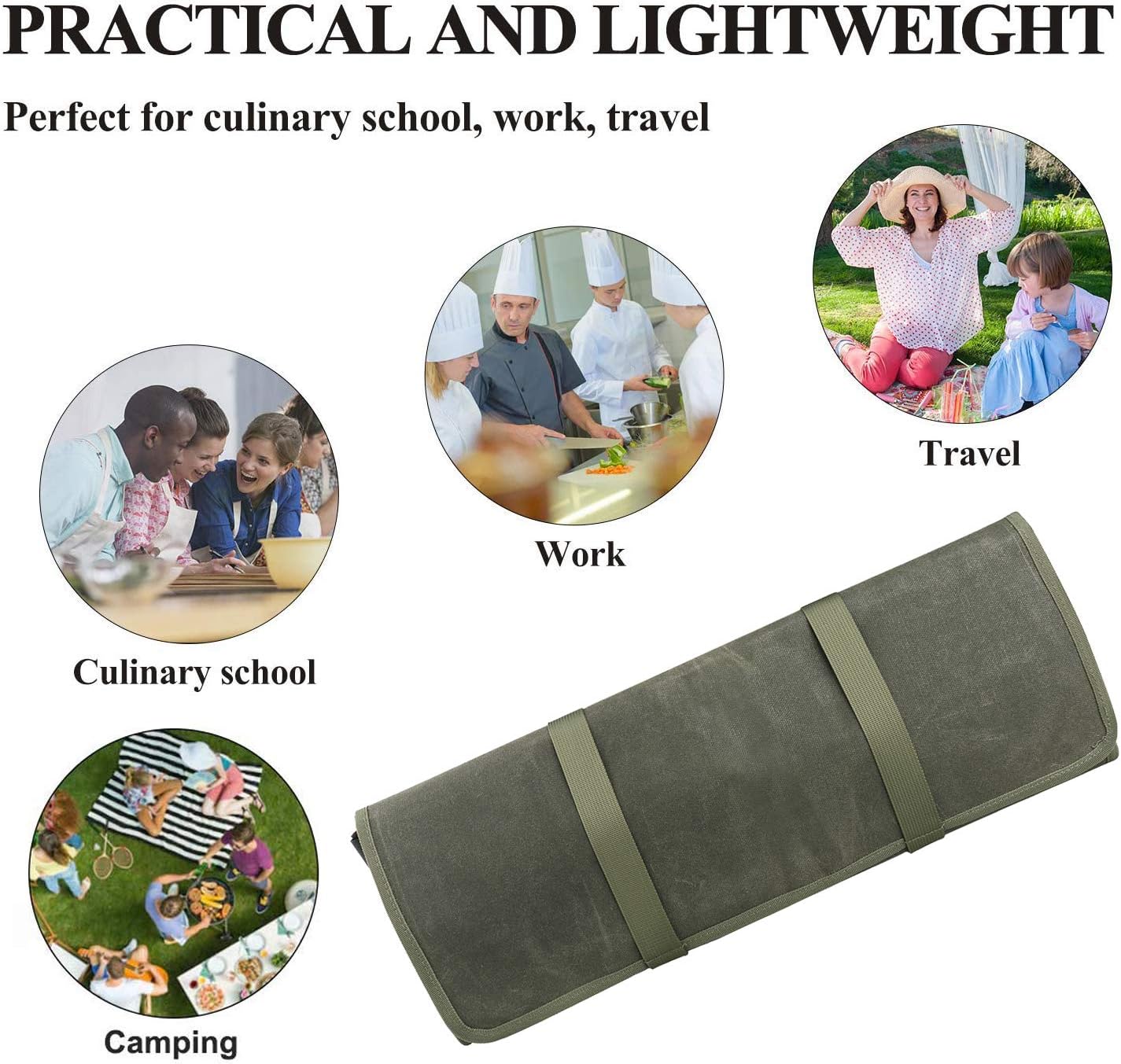 Waterproof Waxed Canvas Chef’s Knife Roll Bag With 11 Slots for Kitchen Knife Tools Up To 18.8”/Portable Chef Knife Cases(Army Green)