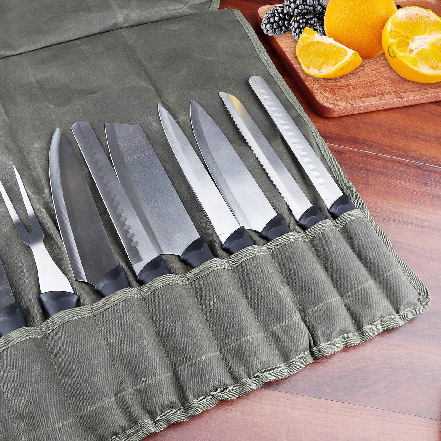 Waterproof Waxed Canvas Chef’s Knife Roll Bag With 11 Slots for Kitchen Knife Tools Up To 18.8”/Portable Chef Knife Cases(Army Green)