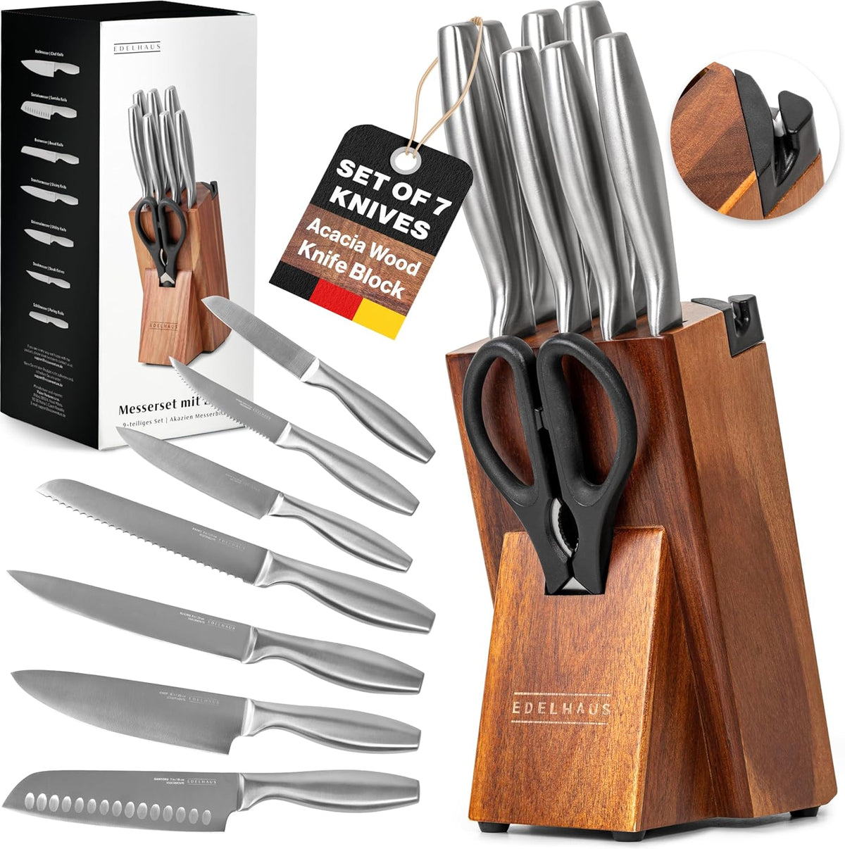 Knife Set with Block, 9 pcs Kitchen Knife Block Set | Professional Knife Block with Sharpener & Scissors, Stainless Steel Kitchen Knife Set with Acacia Wood Block & Steel Handles