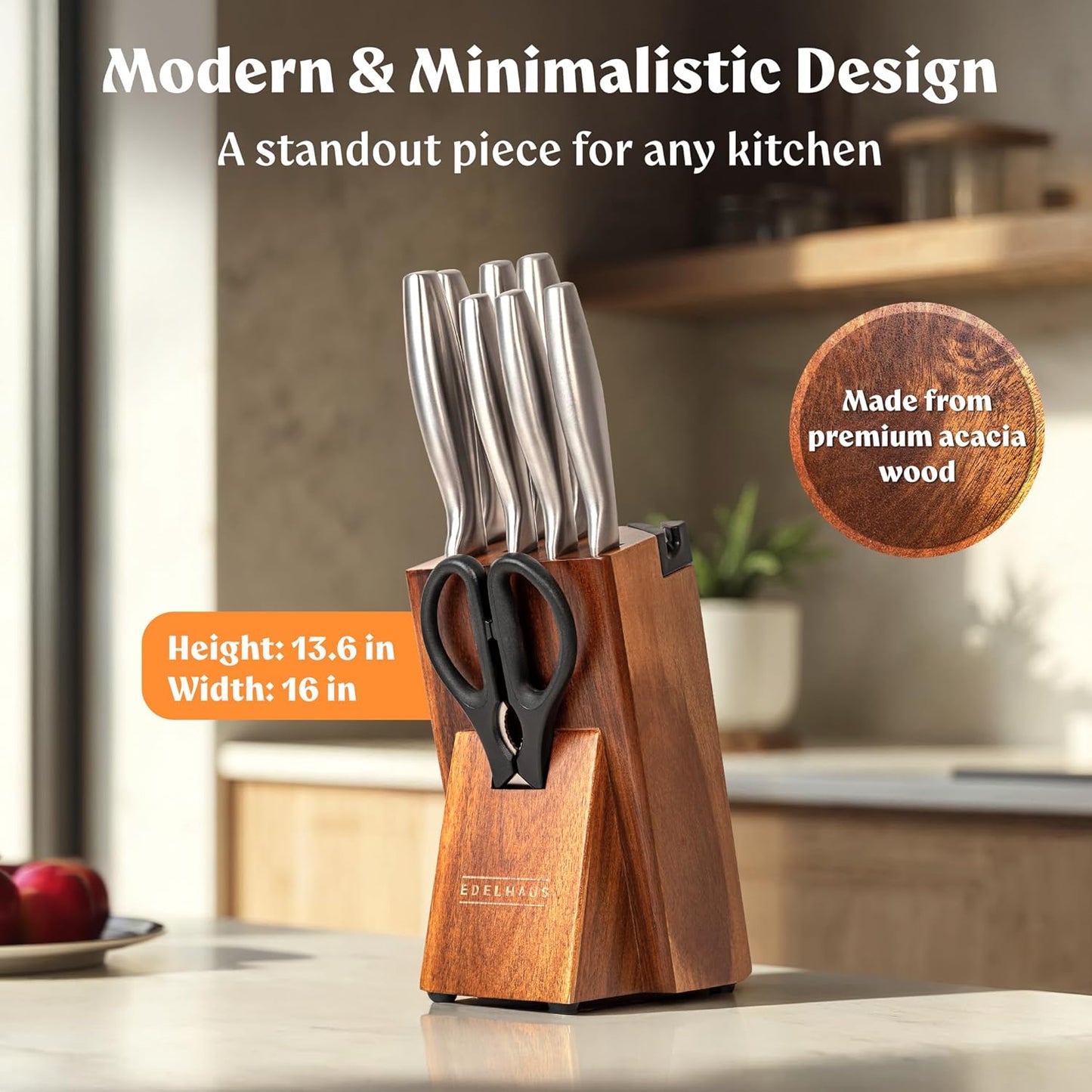 Knife Set with Block, 9 pcs Kitchen Knife Block Set | Professional Knife Block with Sharpener & Scissors, Stainless Steel Kitchen Knife Set with Acacia Wood Block & Steel Handles