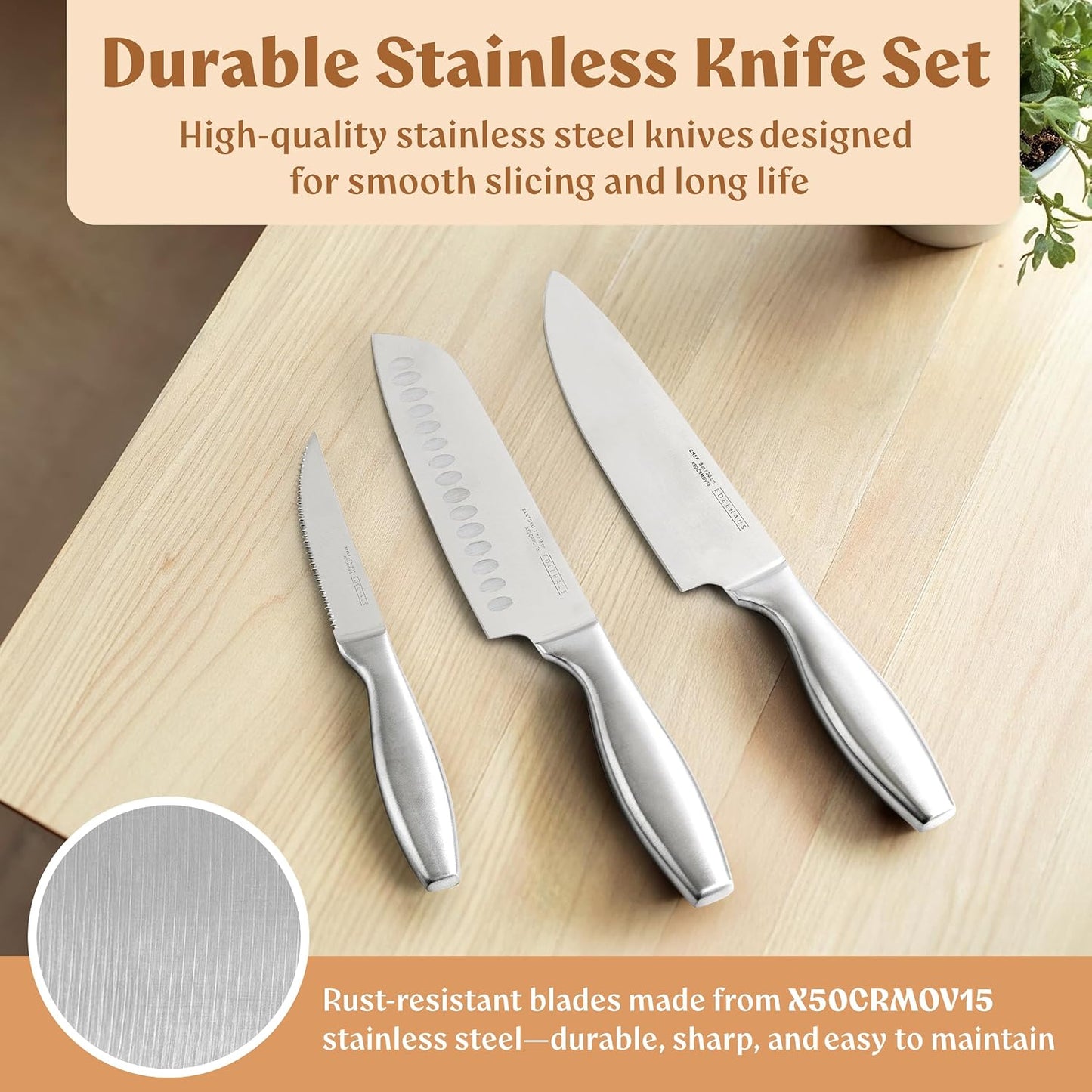 Knife Set with Block, 9 pcs Kitchen Knife Block Set | Professional Knife Block with Sharpener & Scissors, Stainless Steel Kitchen Knife Set with Acacia Wood Block & Steel Handles