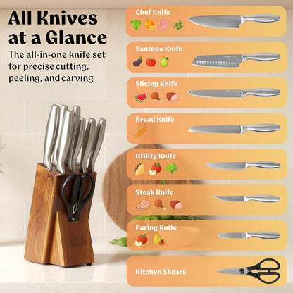 Knife Set with Block, 9 pcs Kitchen Knife Block Set | Professional Knife Block with Sharpener & Scissors, Stainless Steel Kitchen Knife Set with Acacia Wood Block & Steel Handles