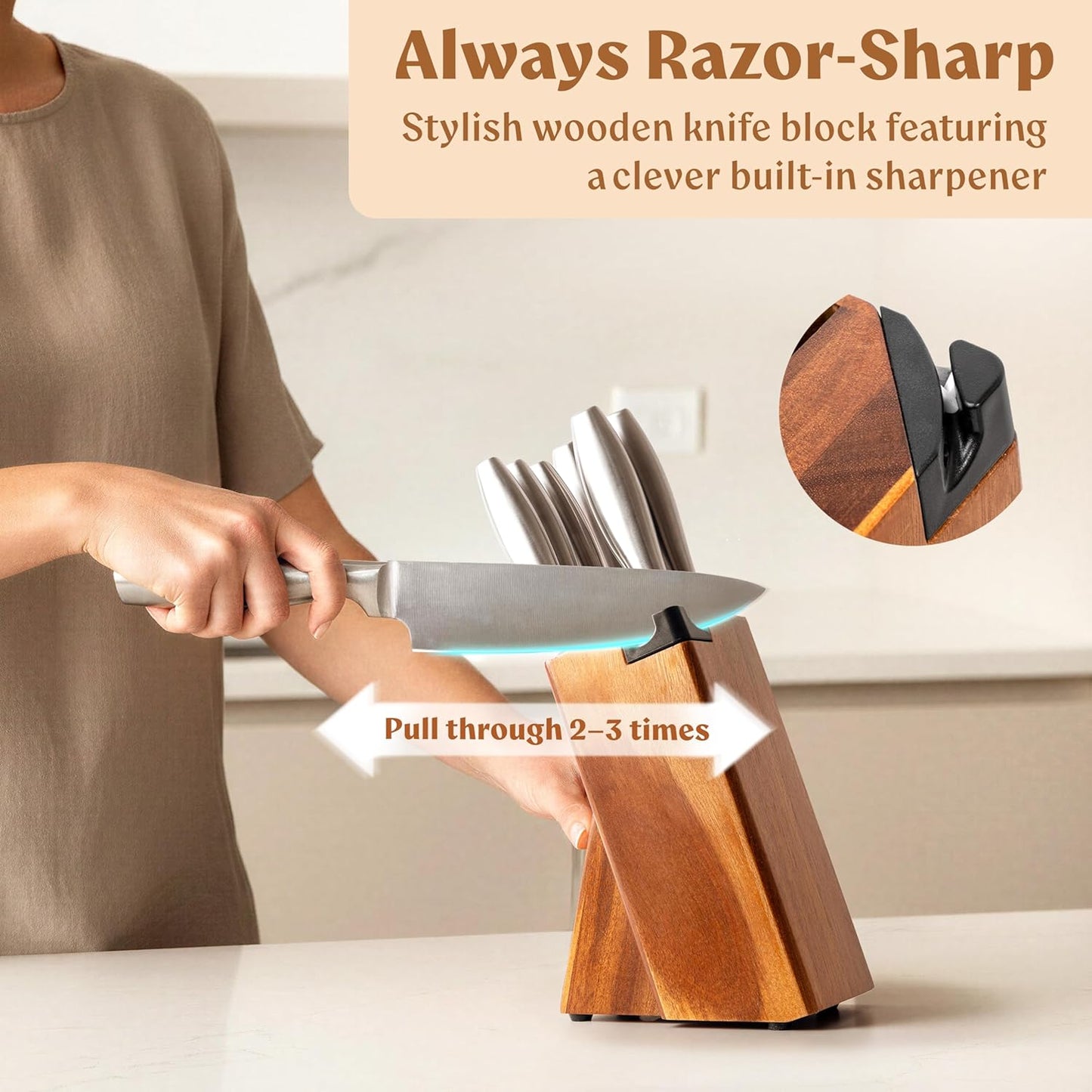 Knife Set with Block, 9 pcs Kitchen Knife Block Set | Professional Knife Block with Sharpener & Scissors, Stainless Steel Kitchen Knife Set with Acacia Wood Block & Steel Handles