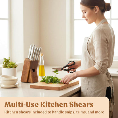 Knife Set with Block, 9 pcs Kitchen Knife Block Set | Professional Knife Block with Sharpener & Scissors, Stainless Steel Kitchen Knife Set with Acacia Wood Block & Steel Handles