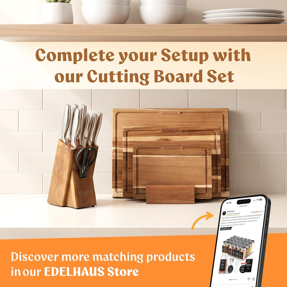 Knife Set with Block, 9 pcs Kitchen Knife Block Set | Professional Knife Block with Sharpener & Scissors, Stainless Steel Kitchen Knife Set with Acacia Wood Block & Steel Handles