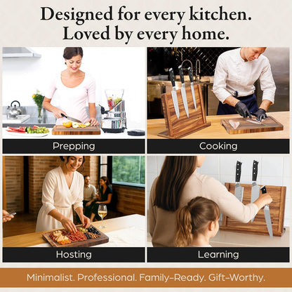 3 in 1 Magnetic Knife Block Stand, 14"x10" Cutting Board, Knife Sharpener - Wooden Magnetic Knife Holder - Acacia Display Holder Double Sided Storage Rack Magnets for Knives - No Assembly Required