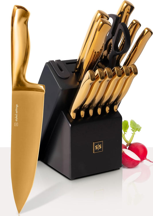 Gold Knife Set with Block & Built-In Sharpener – 14-Piece Full Tang Kitchen Knives Set – Gold Knives Set with Self-Sharpening Block, Titanium Knife Set with Black Block