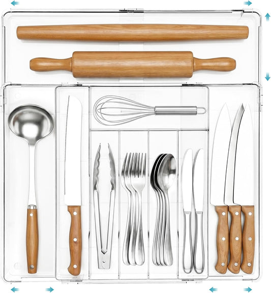 Expandable Silverware Organizer, Clear Plastic Food-Safe Cutlery Flatware Organizer, Kitchen Utensil Drawer Organizer, Adjustable Silverware Holder for Spoons Forks Knives, (6-9 Slots)