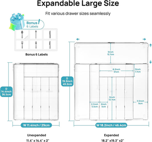 Expandable Silverware Organizer, Clear Plastic Food-Safe Cutlery Flatware Organizer, Kitchen Utensil Drawer Organizer, Adjustable Silverware Holder for Spoons Forks Knives, (6-9 Slots)