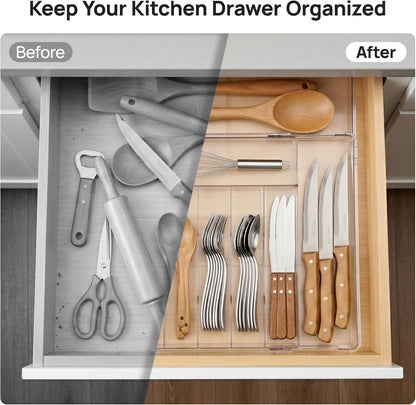 Expandable Silverware Organizer, Clear Plastic Food-Safe Cutlery Flatware Organizer, Kitchen Utensil Drawer Organizer, Adjustable Silverware Holder for Spoons Forks Knives, (6-9 Slots)