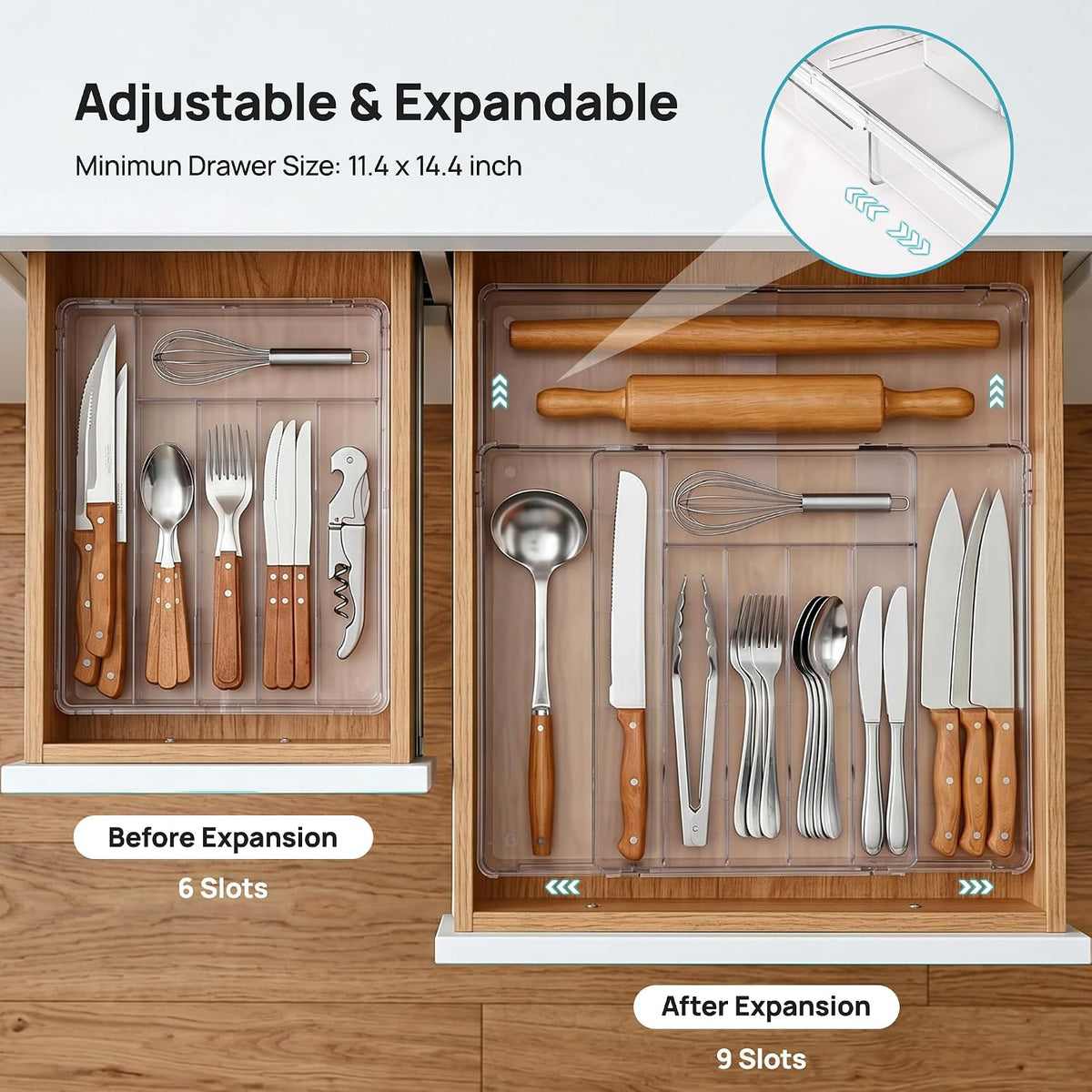Expandable Silverware Organizer, Clear Plastic Food-Safe Cutlery Flatware Organizer, Kitchen Utensil Drawer Organizer, Adjustable Silverware Holder for Spoons Forks Knives, (6-9 Slots)