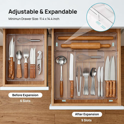 Expandable Silverware Organizer, Clear Plastic Food-Safe Cutlery Flatware Organizer, Kitchen Utensil Drawer Organizer, Adjustable Silverware Holder for Spoons Forks Knives, (6-9 Slots)