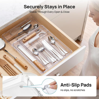 Expandable Silverware Organizer, Clear Plastic Food-Safe Cutlery Flatware Organizer, Kitchen Utensil Drawer Organizer, Adjustable Silverware Holder for Spoons Forks Knives, (6-9 Slots)