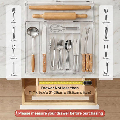 Expandable Silverware Organizer, Clear Plastic Food-Safe Cutlery Flatware Organizer, Kitchen Utensil Drawer Organizer, Adjustable Silverware Holder for Spoons Forks Knives, (6-9 Slots)