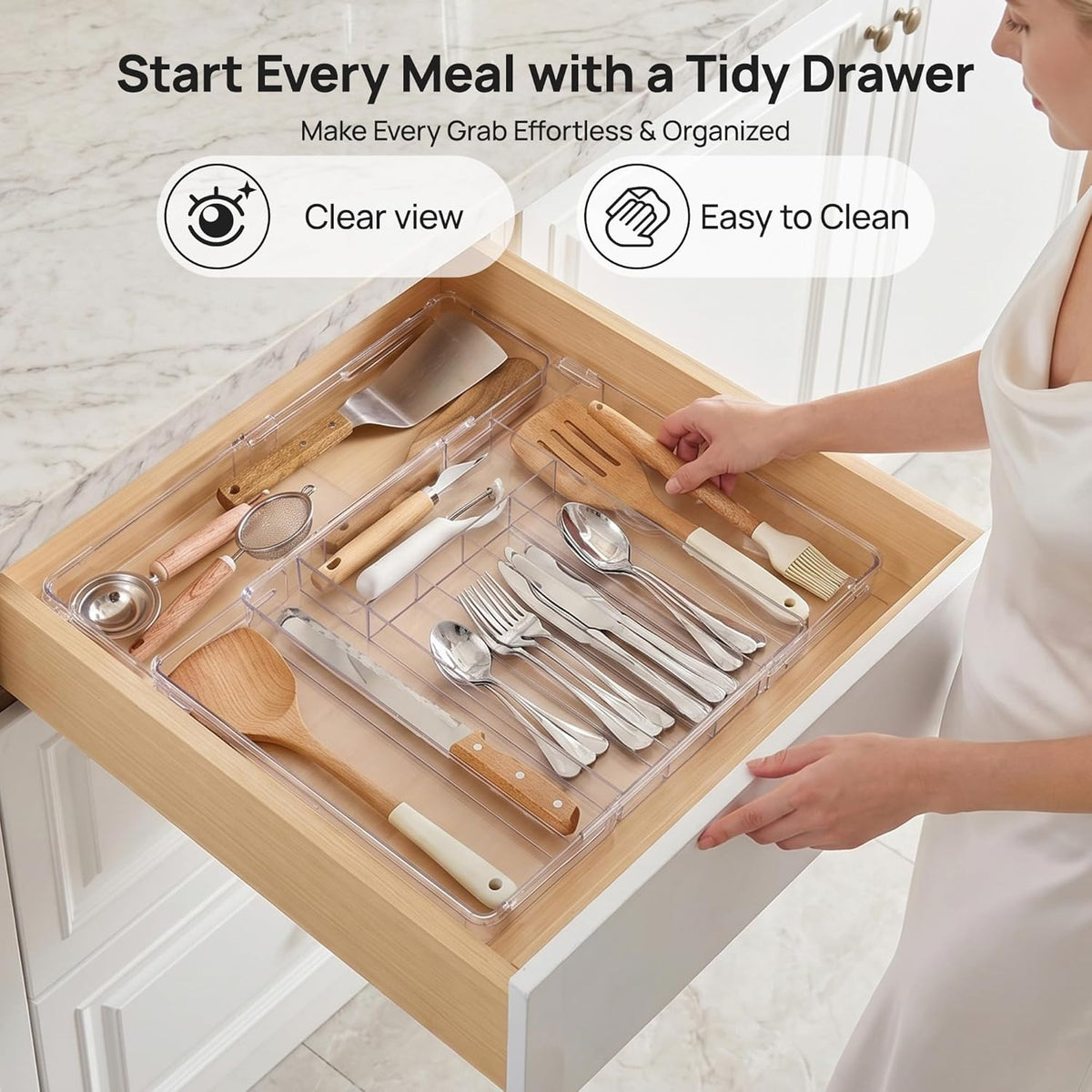 Expandable Silverware Organizer, Clear Plastic Food-Safe Cutlery Flatware Organizer, Kitchen Utensil Drawer Organizer, Adjustable Silverware Holder for Spoons Forks Knives, (6-9 Slots)