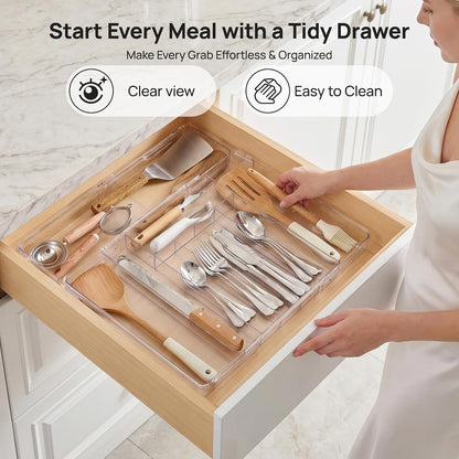 Expandable Silverware Organizer, Clear Plastic Food-Safe Cutlery Flatware Organizer, Kitchen Utensil Drawer Organizer, Adjustable Silverware Holder for Spoons Forks Knives, (6-9 Slots)