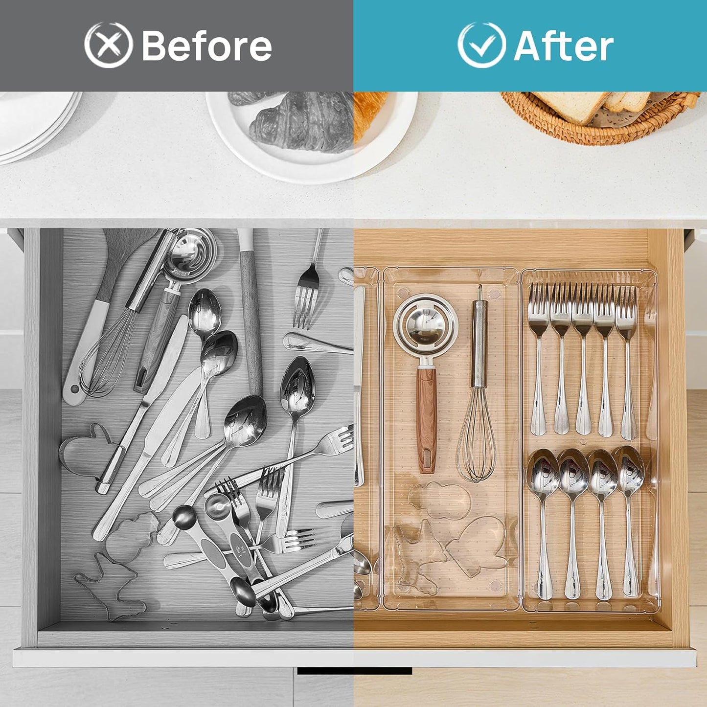 Expandable Silverware Organizer, Clear Plastic Food-Safe Cutlery Flatware Organizer, Kitchen Utensil Drawer Organizer, Adjustable Silverware Holder for Spoons Forks Knives, (6-9 Slots)
