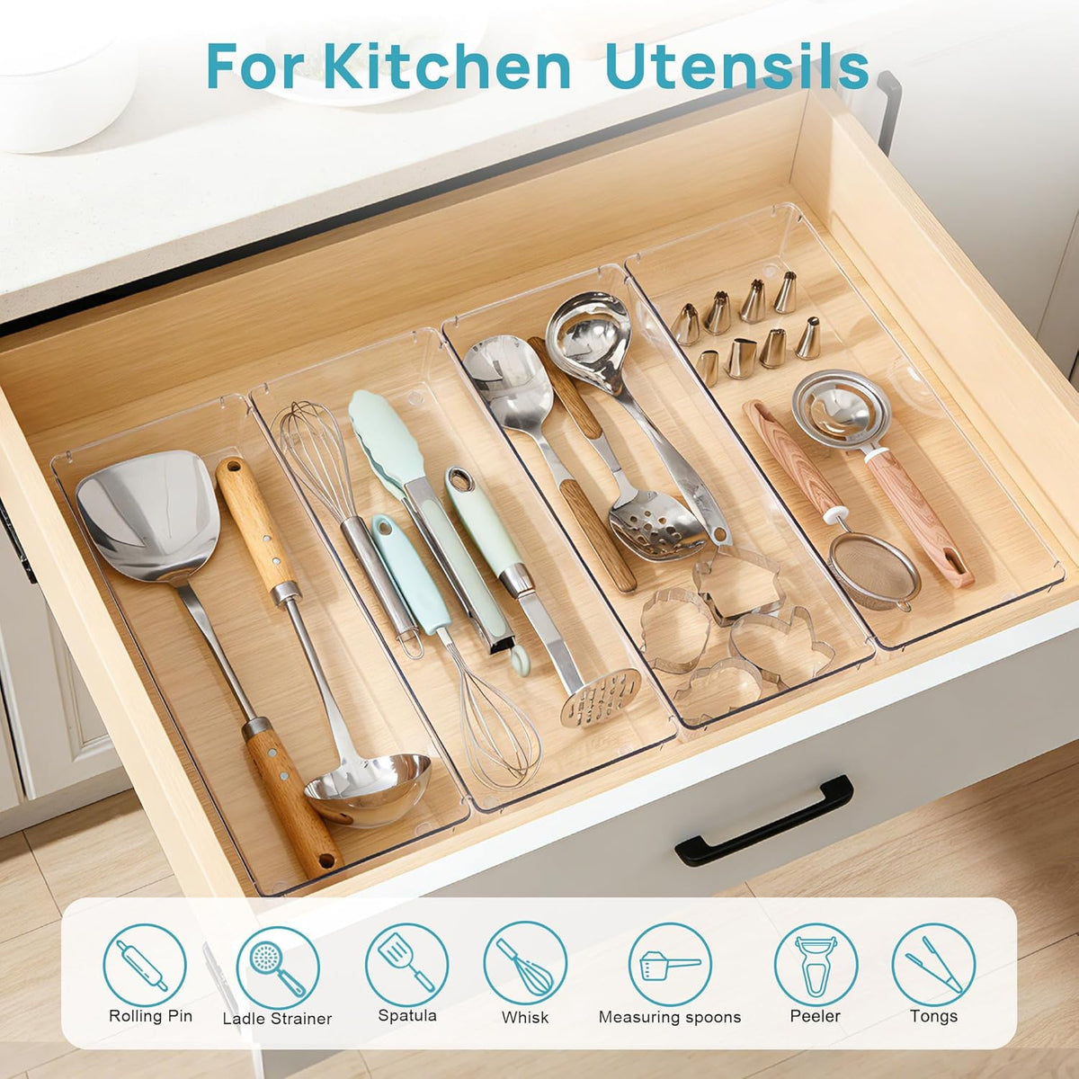 Expandable Silverware Organizer, Clear Plastic Food-Safe Cutlery Flatware Organizer, Kitchen Utensil Drawer Organizer, Adjustable Silverware Holder for Spoons Forks Knives, (6-9 Slots)
