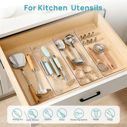 Expandable Silverware Organizer, Clear Plastic Food-Safe Cutlery Flatware Organizer, Kitchen Utensil Drawer Organizer, Adjustable Silverware Holder for Spoons Forks Knives, (6-9 Slots)