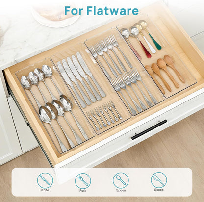 Expandable Silverware Organizer, Clear Plastic Food-Safe Cutlery Flatware Organizer, Kitchen Utensil Drawer Organizer, Adjustable Silverware Holder for Spoons Forks Knives, (6-9 Slots)
