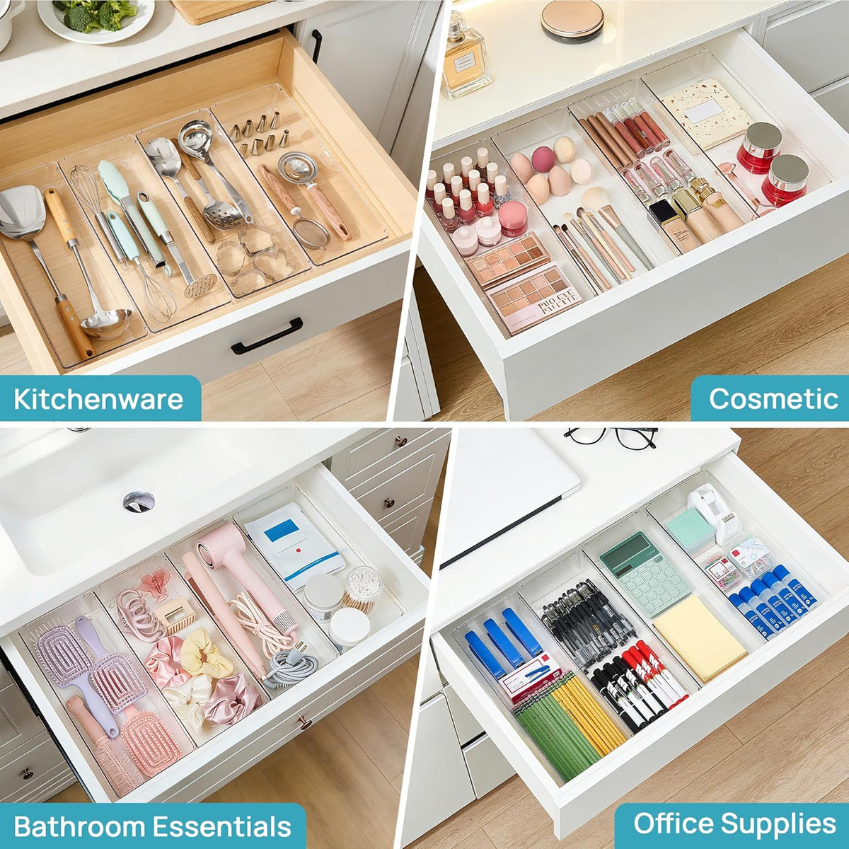Expandable Silverware Organizer, Clear Plastic Food-Safe Cutlery Flatware Organizer, Kitchen Utensil Drawer Organizer, Adjustable Silverware Holder for Spoons Forks Knives, (6-9 Slots)