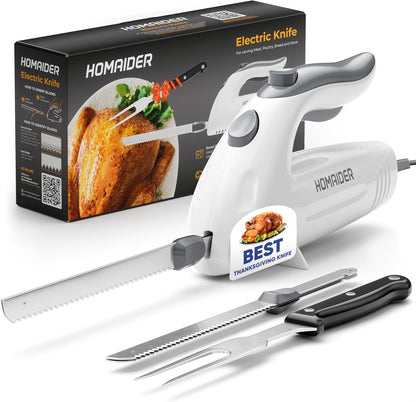 Electric Knife for Meat Slicing, Turkey, Carving Meat, Bread & More | Ergonomic Handle + 2 Carving Reciprocating Stainless Steel Blades and Serving Fork Included, 6 Foot Cord