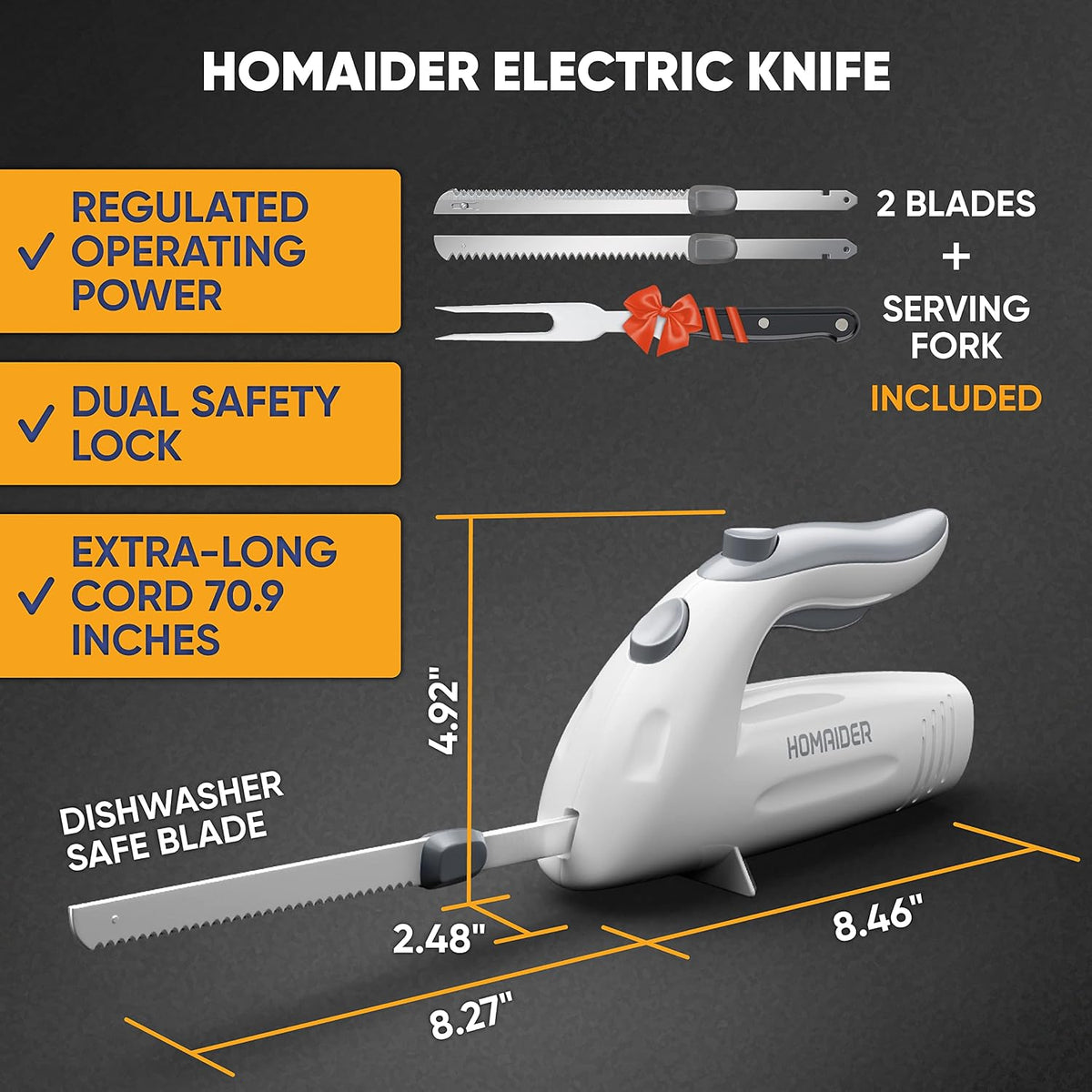 Electric Knife for Meat Slicing, Turkey, Carving Meat, Bread & More | Ergonomic Handle + 2 Carving Reciprocating Stainless Steel Blades and Serving Fork Included, 6 Foot Cord