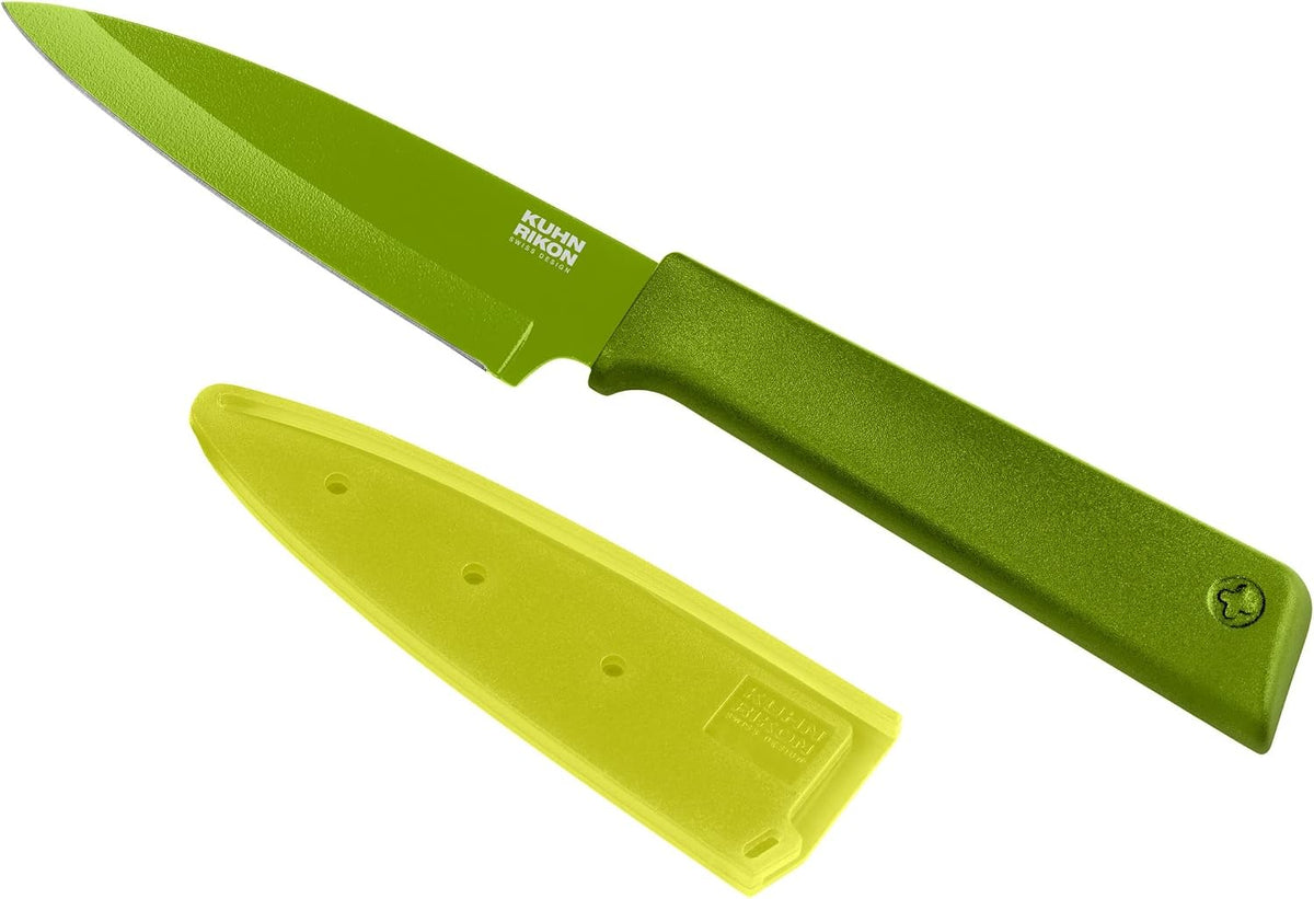 Colori+ Non-Stick Straight Paring Knife with Safety Sheath, 4 inch/10.16 cm Blade, Green