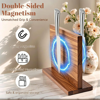Home Kitchen magnetic knife holder, knife block Set with Sharpening Stone | Solid Thick Wood Construction, Double-Sided Powerful Magnetic Design, Vertical Countertop Multifunctional Knife Storage Stand
