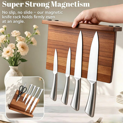 Home Kitchen magnetic knife holder, knife block Set with Sharpening Stone | Solid Thick Wood Construction, Double-Sided Powerful Magnetic Design, Vertical Countertop Multifunctional Knife Storage Stand