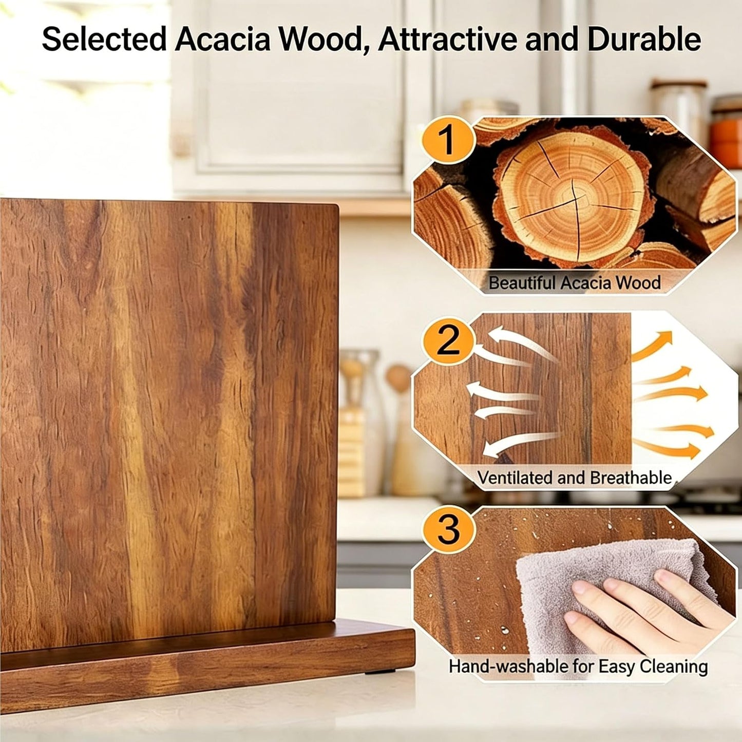 Home Kitchen magnetic knife holder, knife block Set with Sharpening Stone | Solid Thick Wood Construction, Double-Sided Powerful Magnetic Design, Vertical Countertop Multifunctional Knife Storage Stand