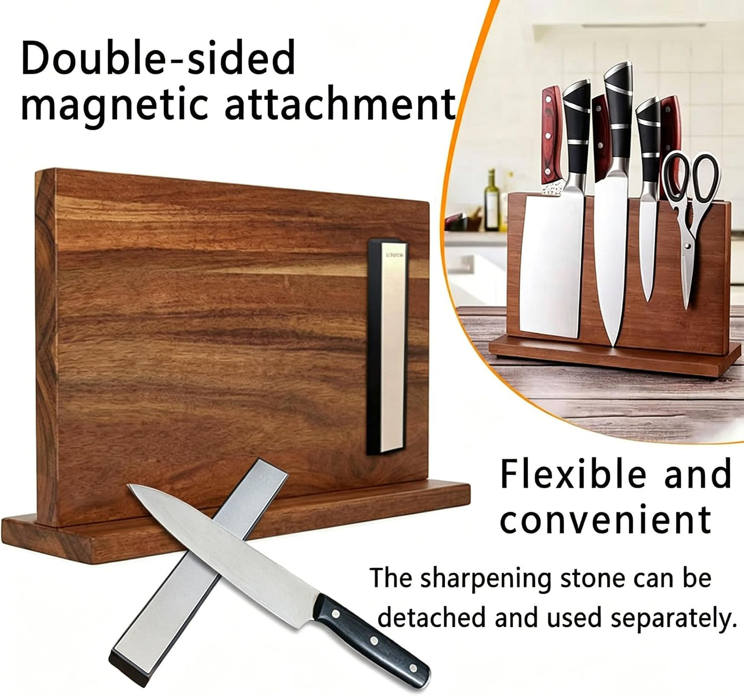 Home Kitchen magnetic knife holder, knife block Set with Sharpening Stone | Solid Thick Wood Construction, Double-Sided Powerful Magnetic Design, Vertical Countertop Multifunctional Knife Storage Stand