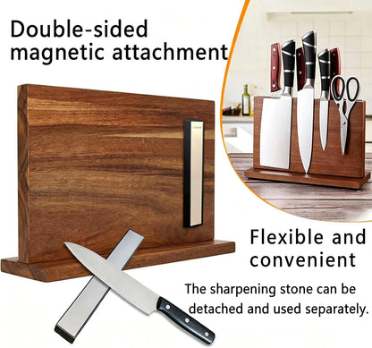 Home Kitchen magnetic knife holder, knife block Set with Sharpening Stone | Solid Thick Wood Construction, Double-Sided Powerful Magnetic Design, Vertical Countertop Multifunctional Knife Storage Stand