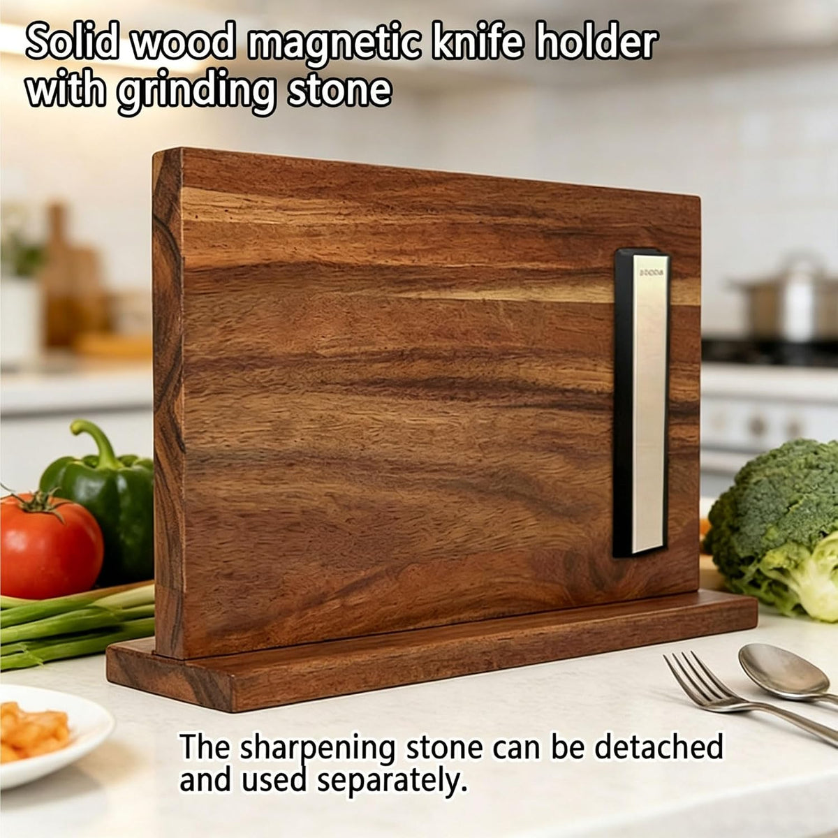 Home Kitchen magnetic knife holder, knife block Set with Sharpening Stone | Solid Thick Wood Construction, Double-Sided Powerful Magnetic Design, Vertical Countertop Multifunctional Knife Storage Stand