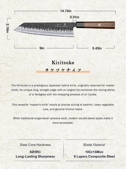 9 Inch Kiritsuke Chef Knife – 9 Layer 10Cr15MoV Steel | 62 HRC Japanese Chef Knife, Hand Forged Kitchen Knife, 12° Razor Sharp Edge, G10 & Rosewood Handle,Sashimi Knives