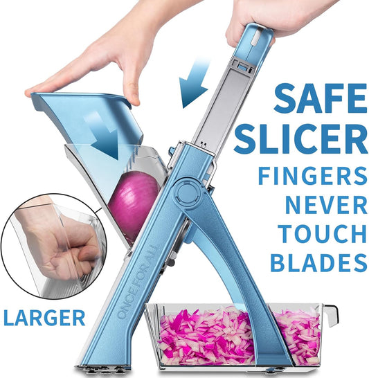 Upgrade Safe Mandoline Slicer Plus, Bigger Size, SkyBlue | 0.1-8mm Adjustable Vegetable Food Chopper, Potato Fries Cutter, Detachable Blade, Stainless Steel, Dishwasher-safe, Gift