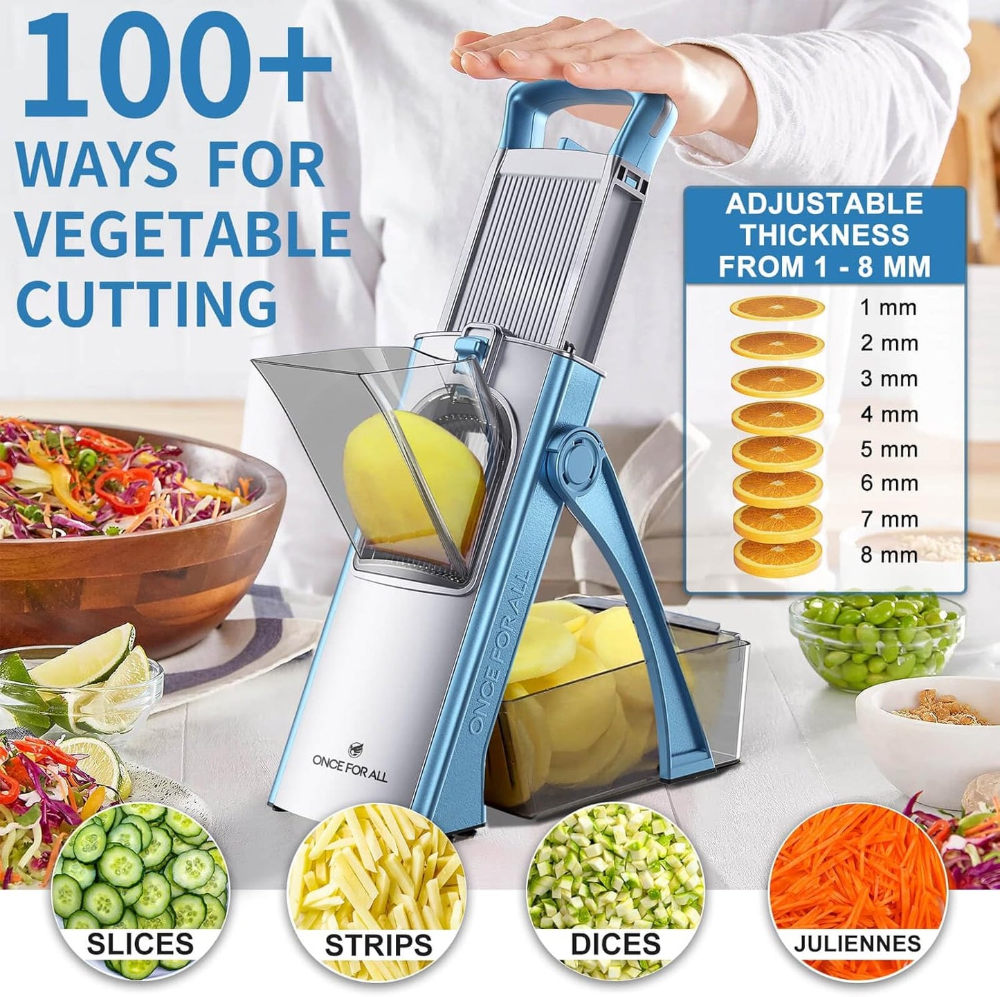 Upgrade Safe Mandoline Slicer Plus, Bigger Size, SkyBlue | 0.1-8mm Adjustable Vegetable Food Chopper, Potato Fries Cutter, Detachable Blade, Stainless Steel, Dishwasher-safe, Gift