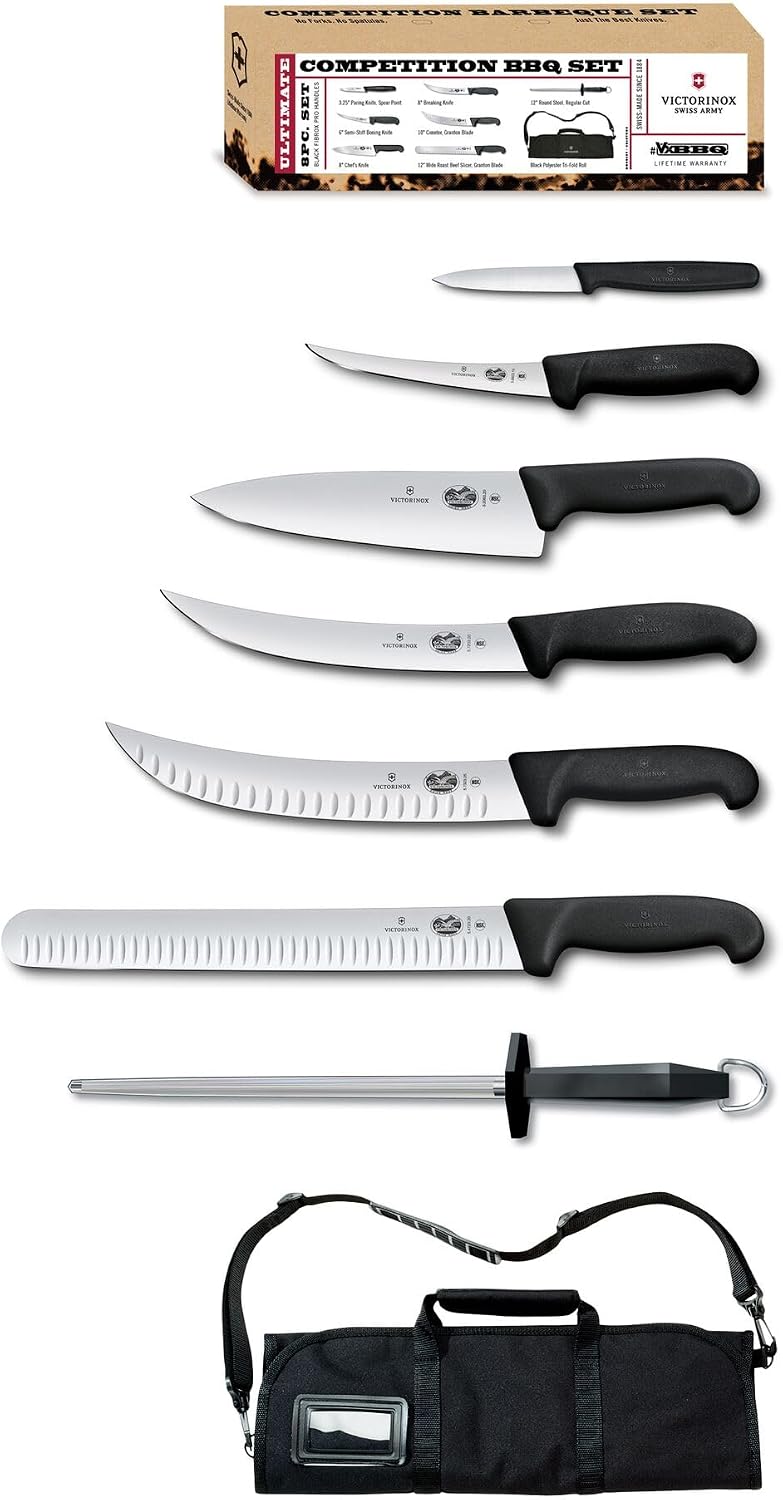 Fibrox Pro Ultimate BBQ Set 8-Pieces including Knife Roll, Black | Professional high-carbon stainless steel blades, non-slip ergonomic handles, includes 12 in slicer and sharpening steel.